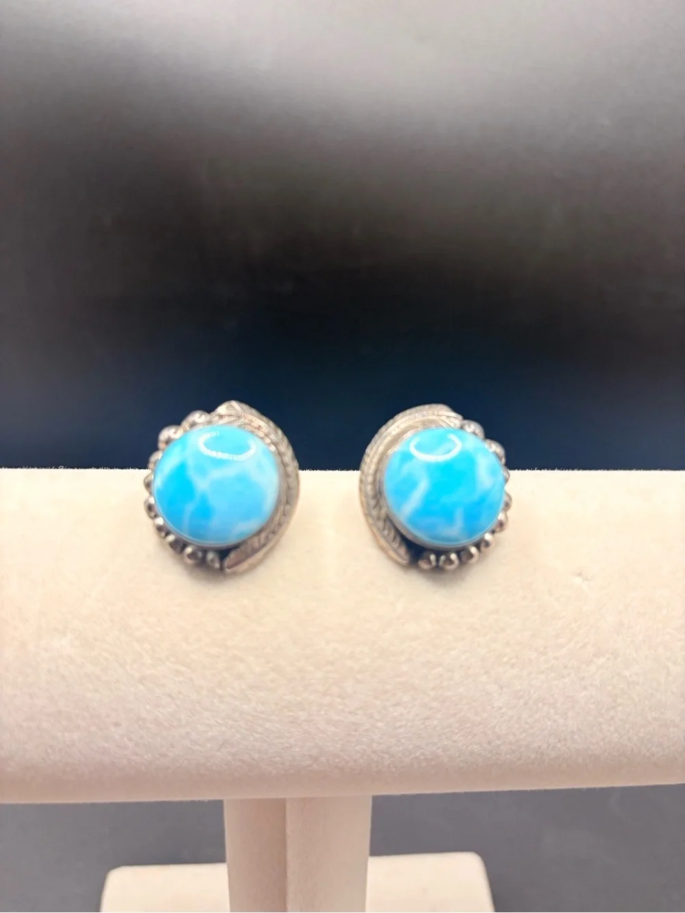 Mexico 925 Sterling Silver Larimar Leaf Clip On Earrings Artisan Vintage